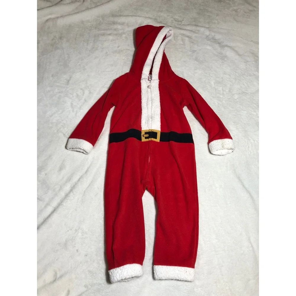 5/$25 Carter's Santa Fleece Hooded Sleeper 24m Red Sherpa Trim Zip Up Pajamas